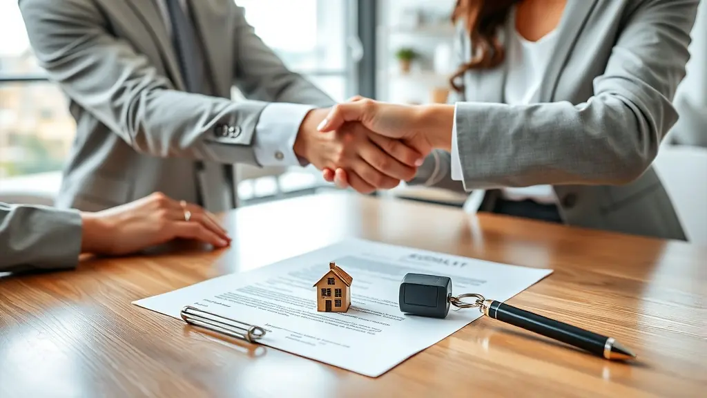 Personas cerrando trato de alquiler con llaves y contrato firmado