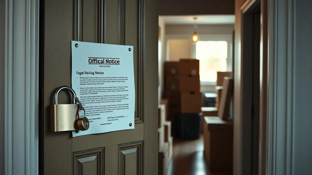 Puerta de departamento con aviso legal de desalojo en Perú