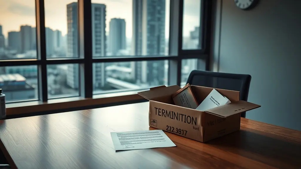 Escritorio vacío con carta de despido arbitrario en oficina