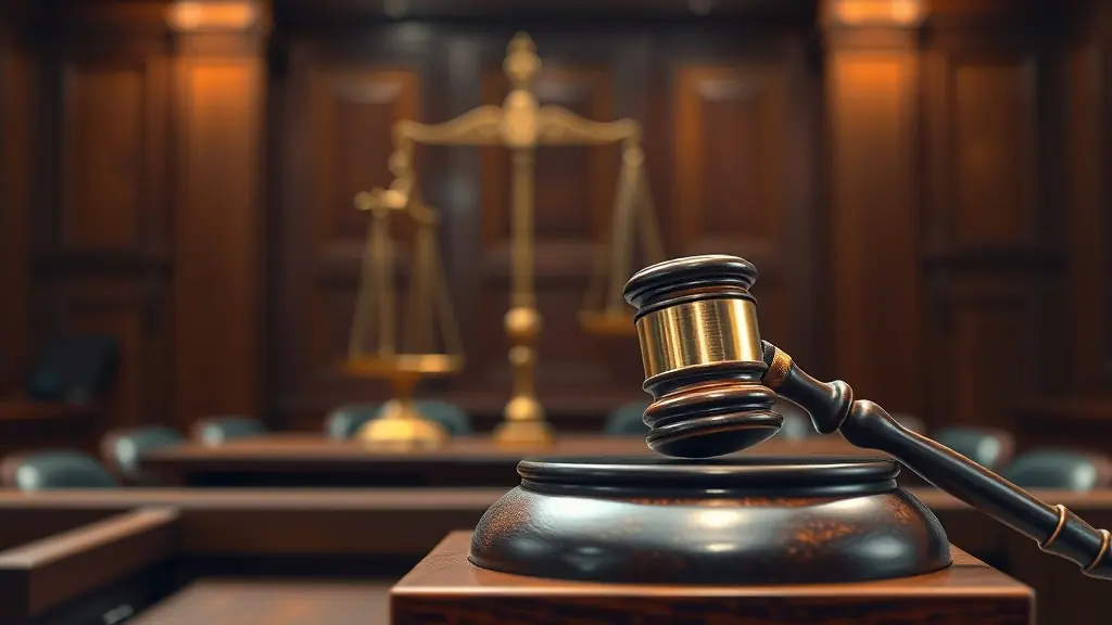 Martillo de juez y balanza de justicia en tribunal peruano