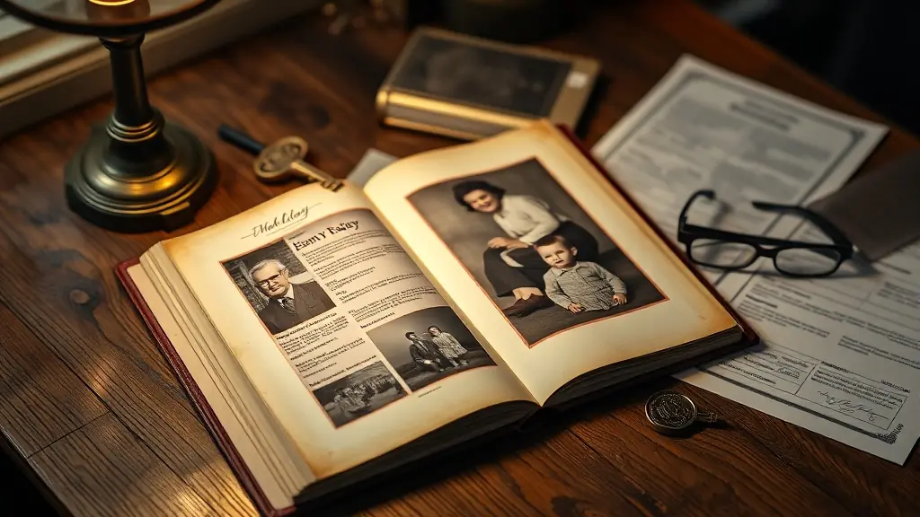 Álbum familiar y documentos de herencia sobre mesa de madera