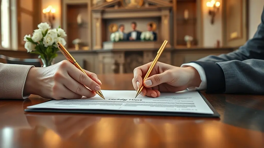 Pareja firmando acta de matrimonio civil en municipalidad