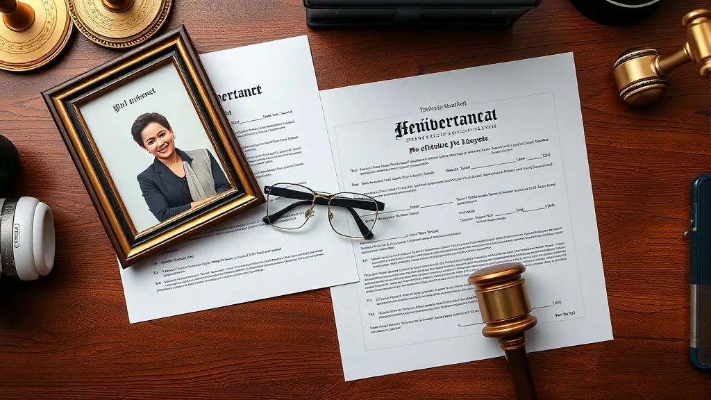 Documentos de sucesión intestada sobre escritorio de abogado en Perú