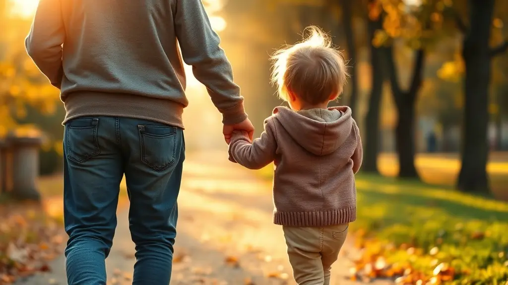 Padre caminando con su hijo de la mano en parque
